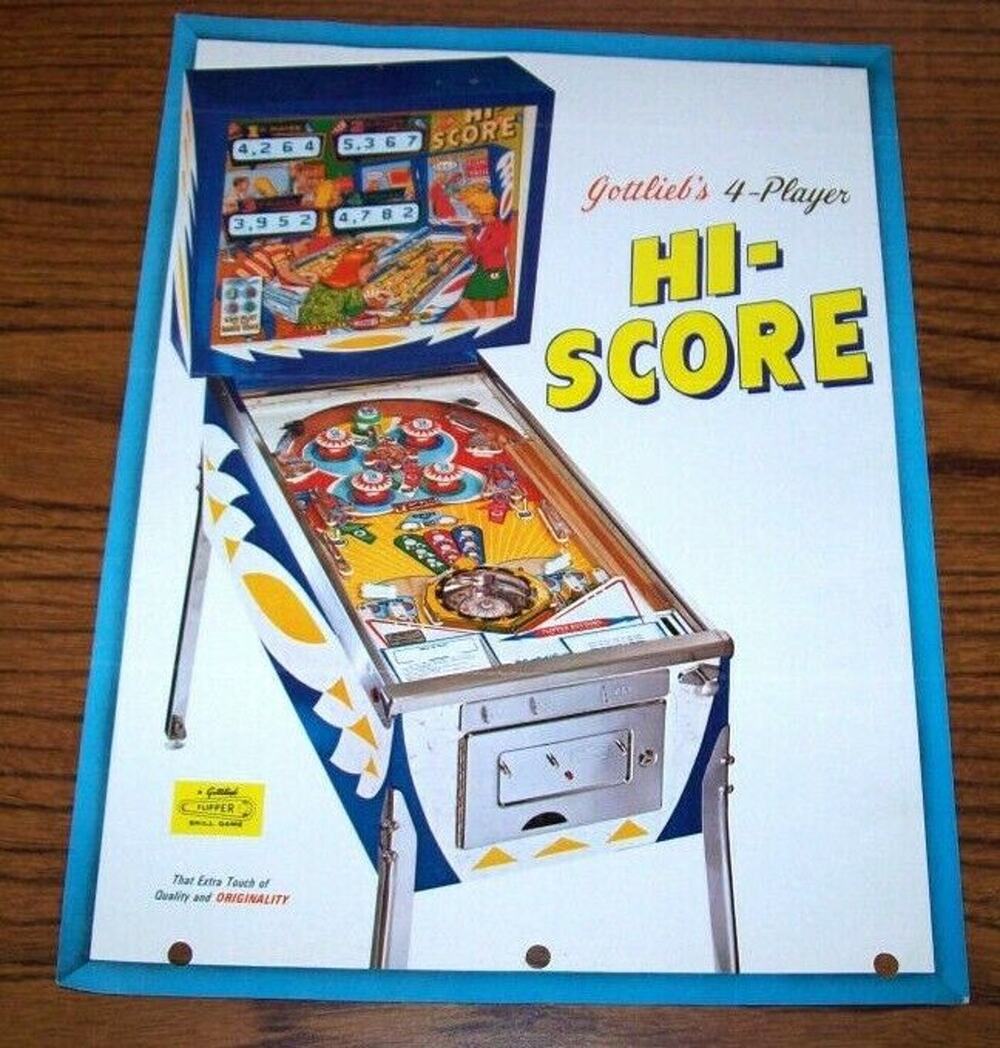 Hi Score Pinball FLYER Gottlieb Original 1967 Promo Game Art Sheet Pool Theme Re